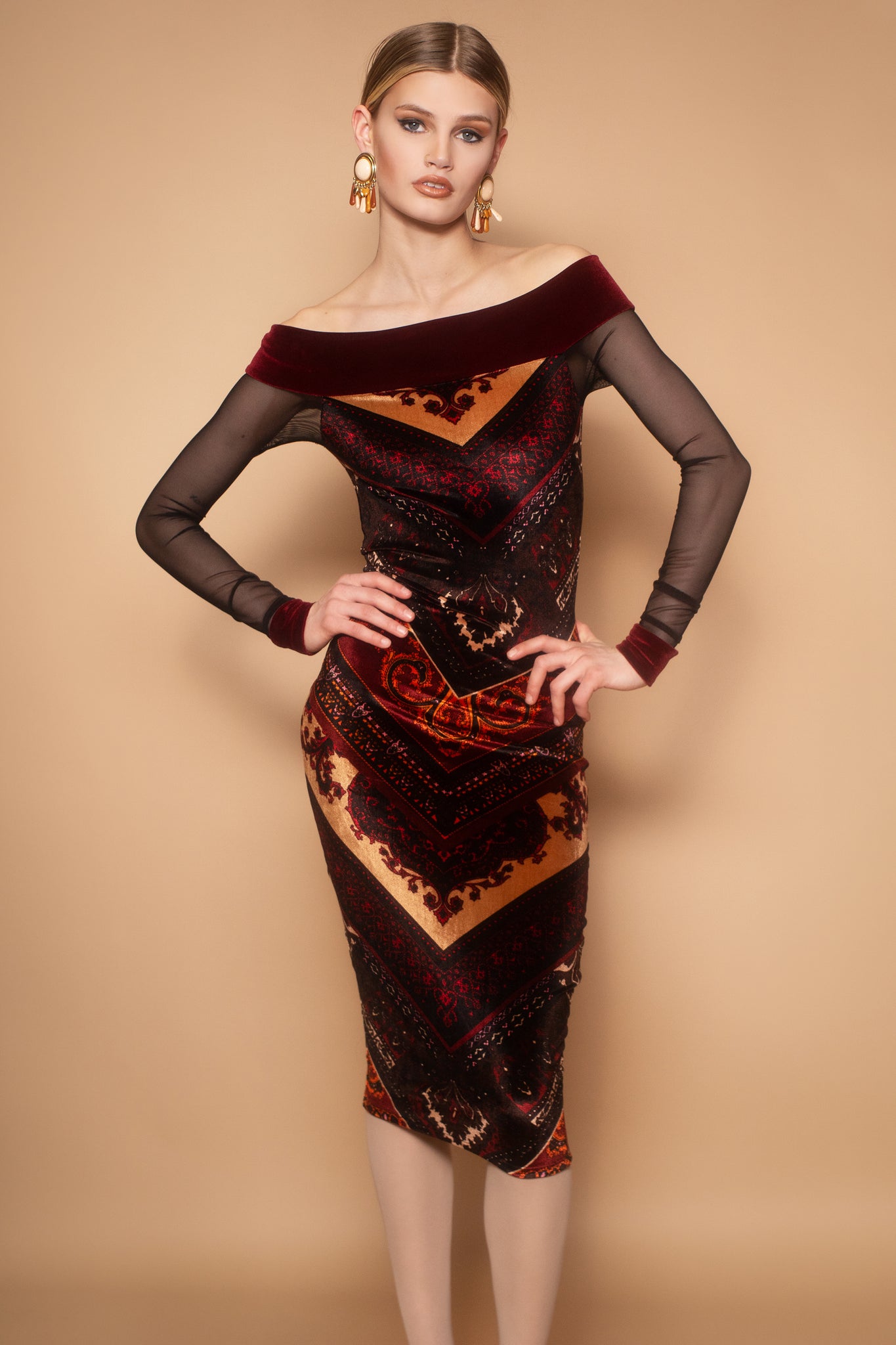 Anouk Velvet & Mesh Off Shoulder Dress