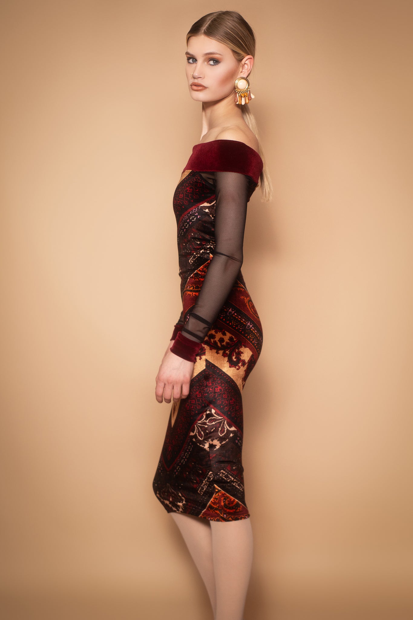 Anouk Velvet & Mesh Off Shoulder Dress