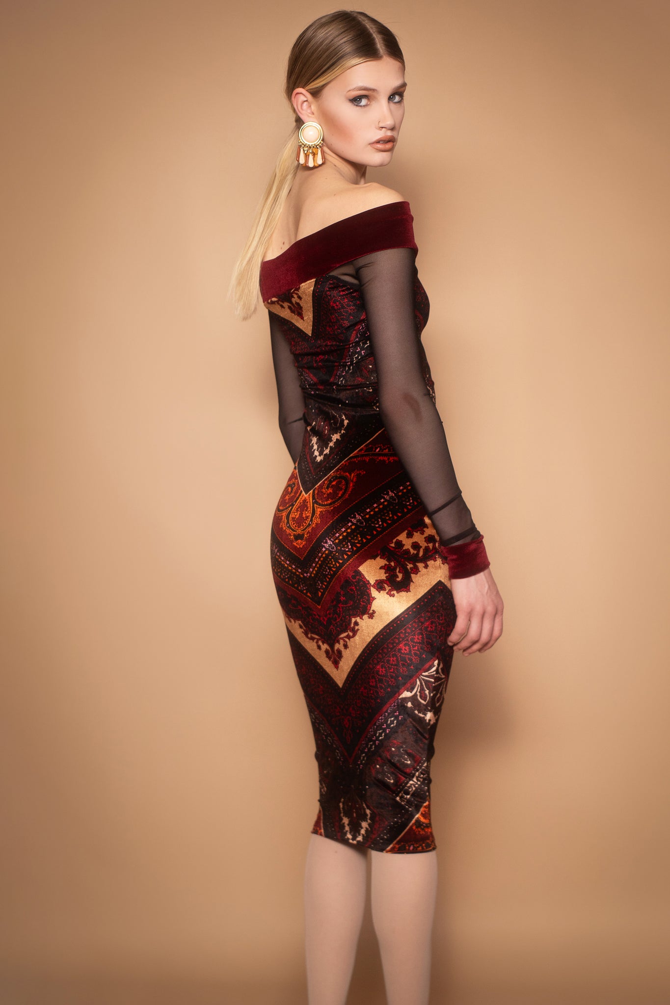 Anouk Velvet & Mesh Off Shoulder Dress