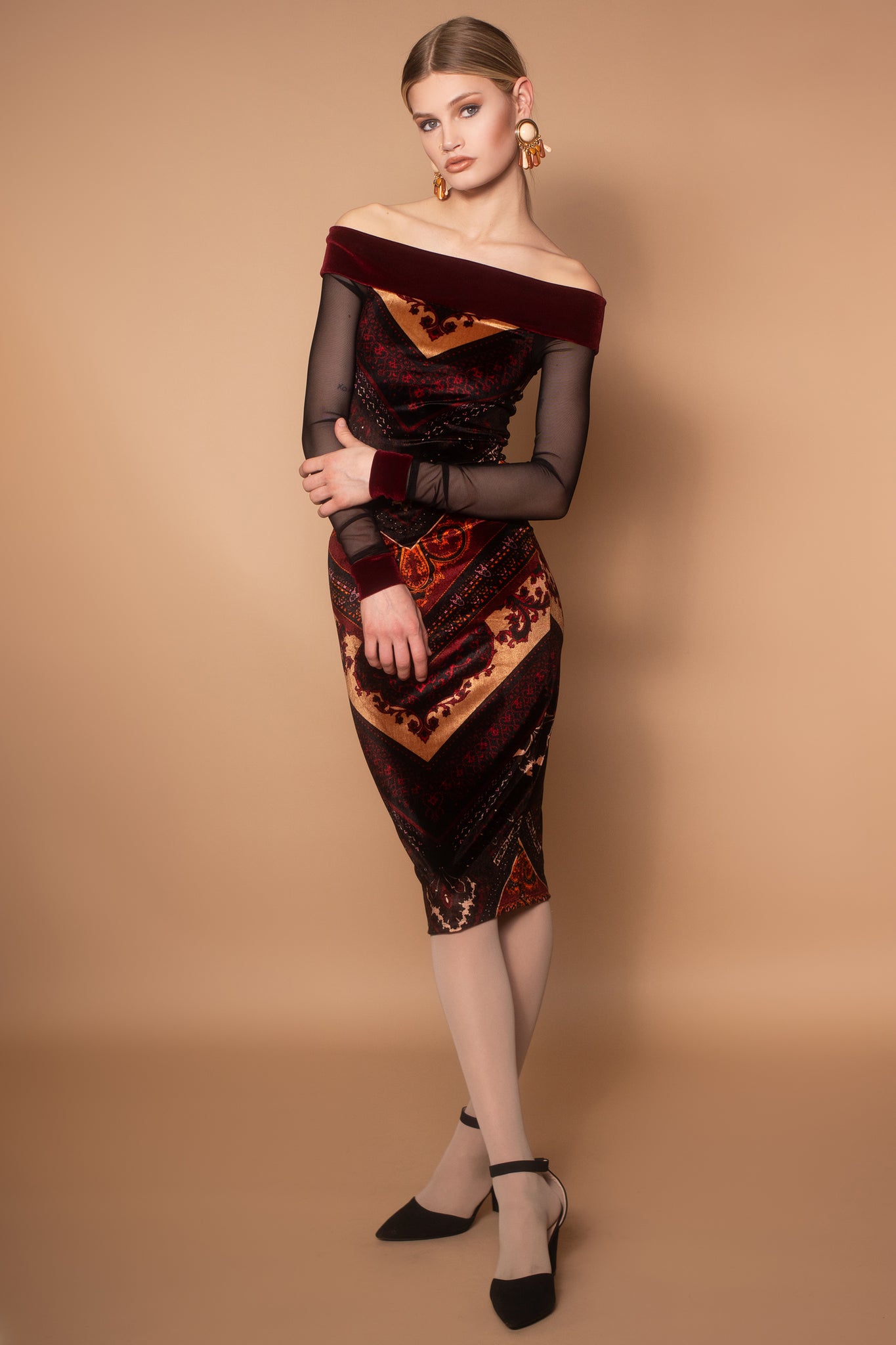 Anouk Velvet & Mesh Off Shoulder Dress