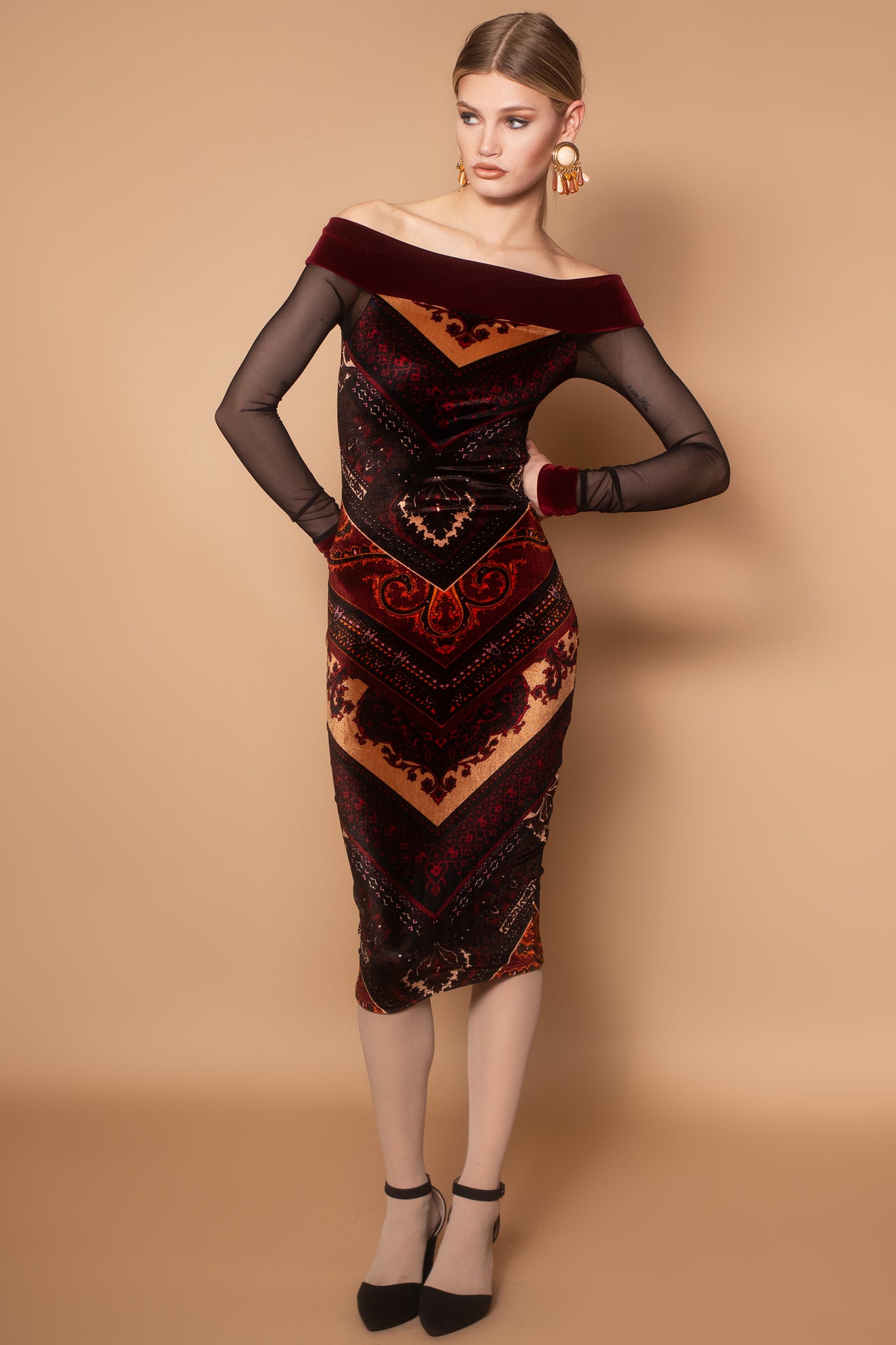 Anouk Velvet & Mesh Off Shoulder Dress
