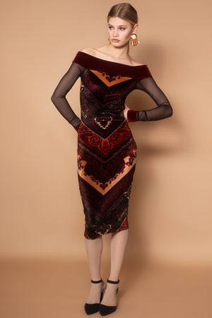 Anouk Velvet & Mesh Off Shoulder Dress