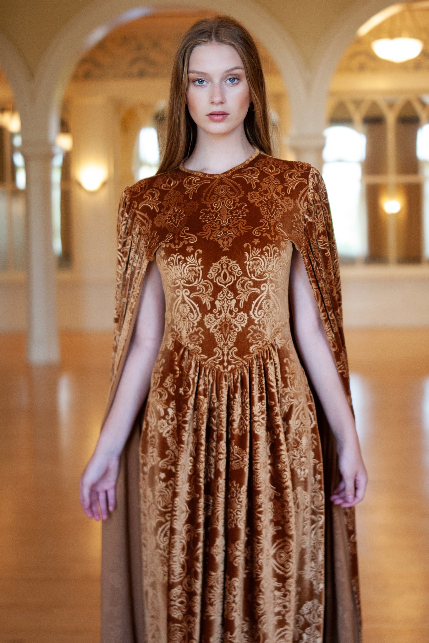 Arabella Embossed Bronze Velvet Gown
