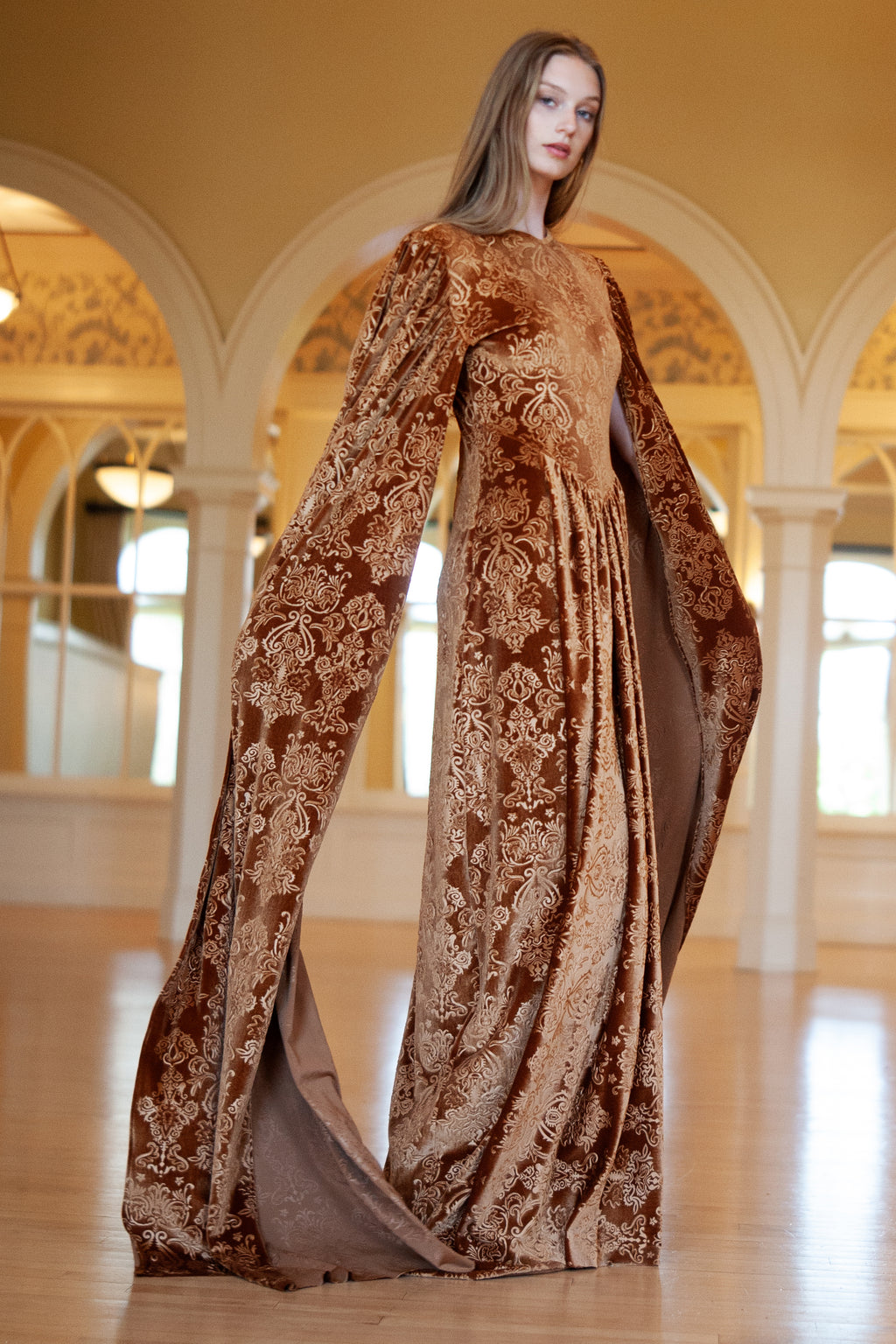 Arabella Embossed Bronze Velvet Gown